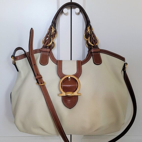 Salvatore Ferragamo Gancini Shoulder Bag Ivory and Brown Leather Gold Hardware - Picture 1 of 15